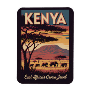 Kenya Elephants Illustration Travel Art Vintage Magnet