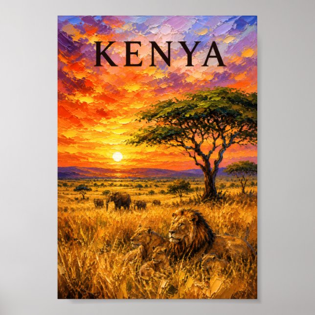 Kenya: Fiery Sunset Safari Art Souvenir Poster (Front)