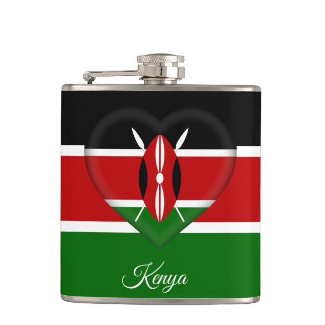 Kenyan Flag & Heart, travel Kenya /sports fans Hip Flask (Front)