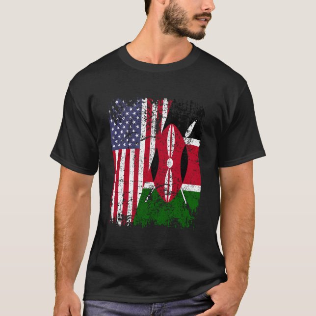 Kenyan Roots Half American Flag Kenya T-Shirt (Front)