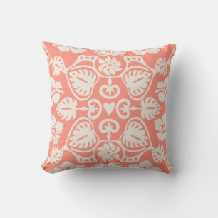 Keoni Hawaiian Monstera Leaf Damask Coral Cushion
