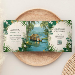 Kerala Backwaters Houseboat South Indian Wedding Tri-Fold Invitation