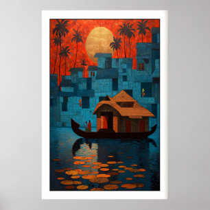 Kerala Houseboat Wall Art Sunset, Lily Pads, Palm