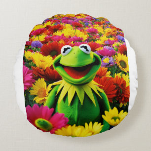 Kermit's Field of Joy: A Colorful Frolic" Round Cushion