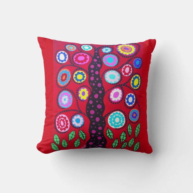 Kerri Ambrosino Art Pillow Tree of Life Red Flower (Front)