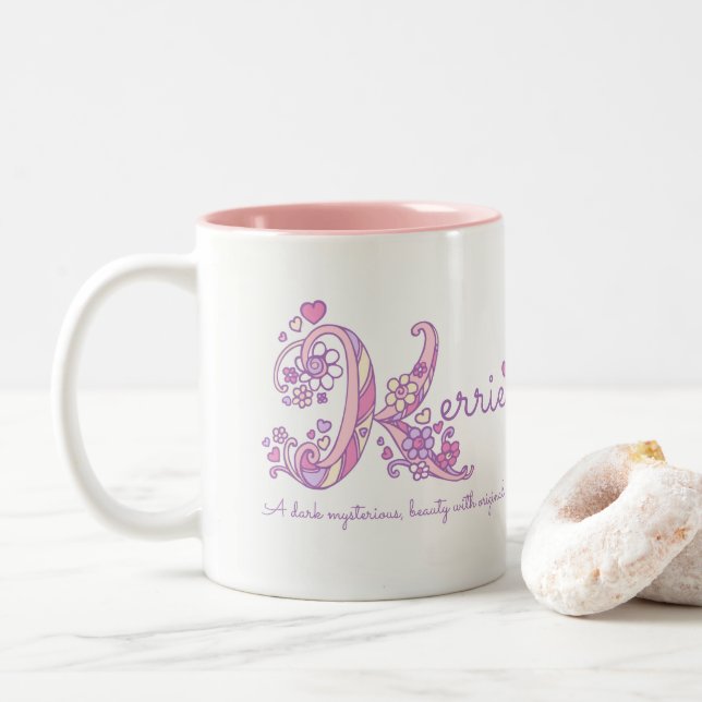 Kerrie name meaning decorative K monogram pastel Two-Tone Coffee Mug (With Donut)