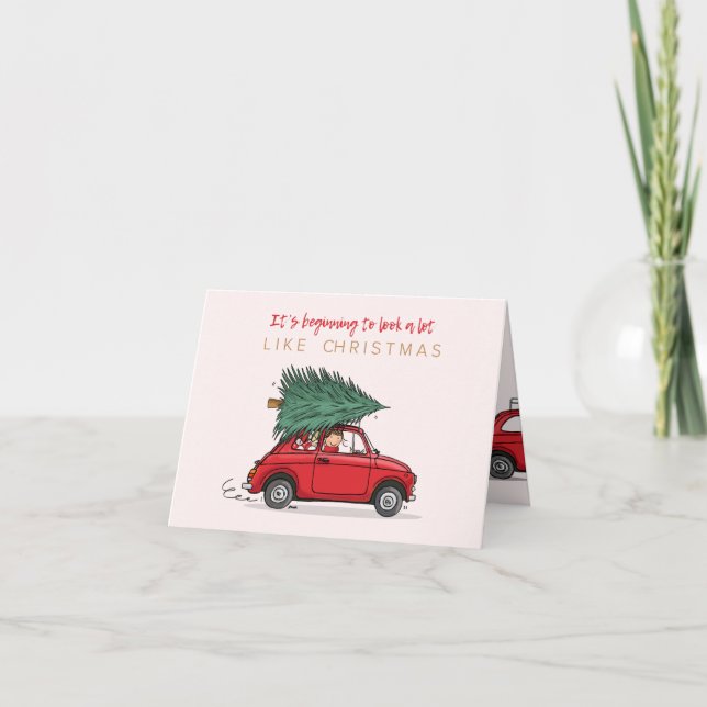 Kerstkaart Fiat 500 rood met kerstboom Card (Front)