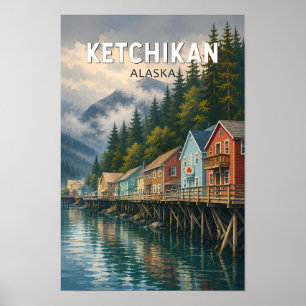 Ketchikan Alaska Illustration Travel Art Vintage Poster