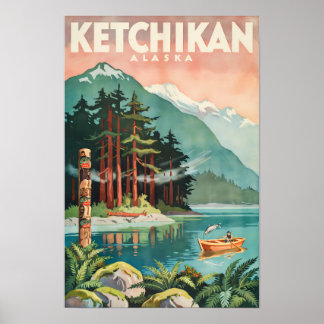 Ketchikan Alaska River Illustration Travel Art Poster