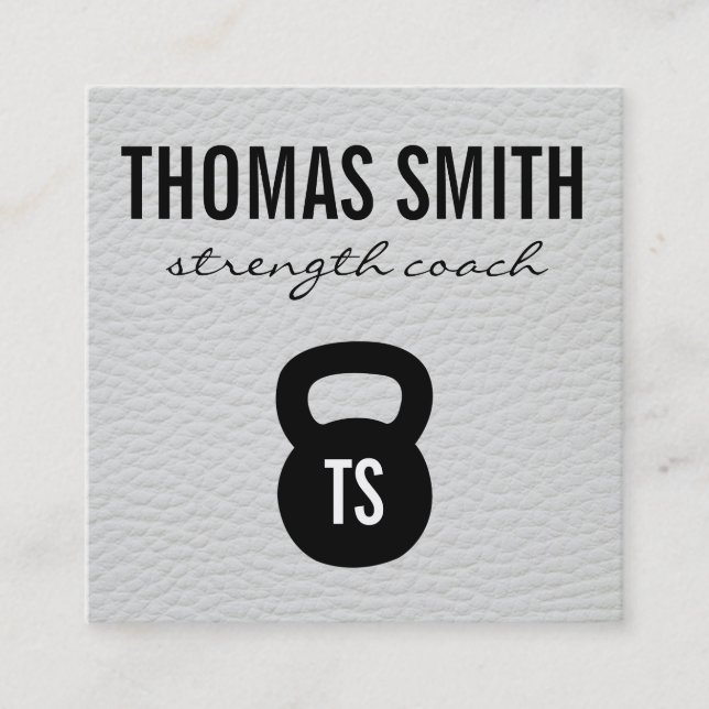 Kettle Bell Personal Trainer White Leather Square Business Card (Front)