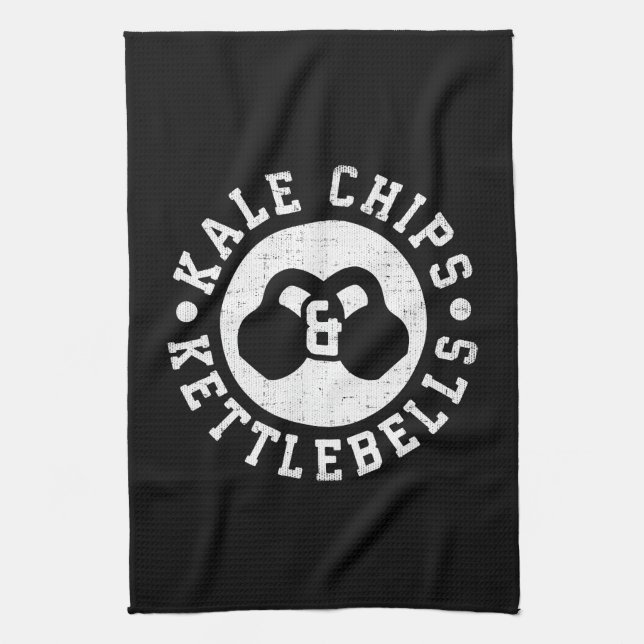 Kettlebells and Kale Chips - Funny Novelty Workout Tea Towel (Vertical)