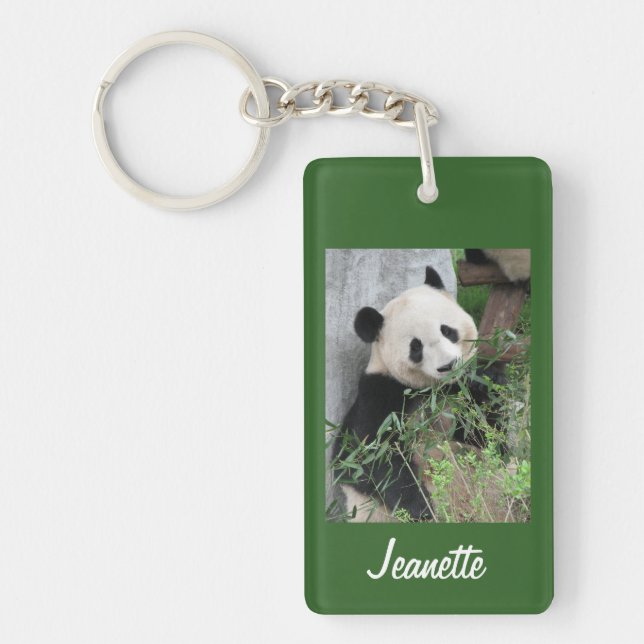 Key chain, Rectangular Cute Panda on Green, Name, Ring (Front)