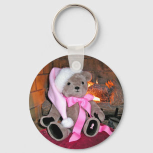 Key chain Teddy Bear Pink Santa Hat & pink ribbon