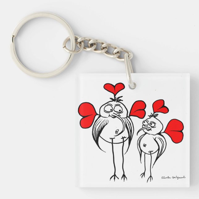 Key chain with a Cartoon: two abstract funny birds (Front)
