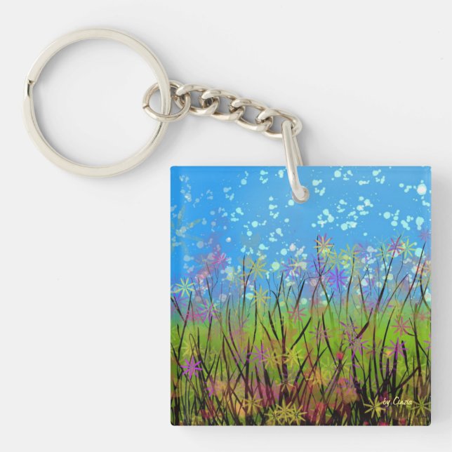 Key-chain with whimsical flowers. key ring (Front)