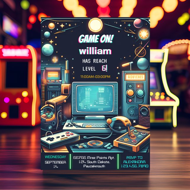 Key Fun Boy Cool Kids Gaming Level Up 6th Birthday Invitation (Creator Uploaded)