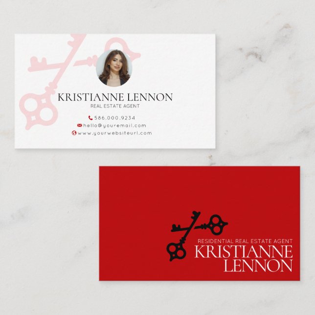 Key Logo Red Modern Real Estate or Rental Agent Bu Business Card (Front/Back)