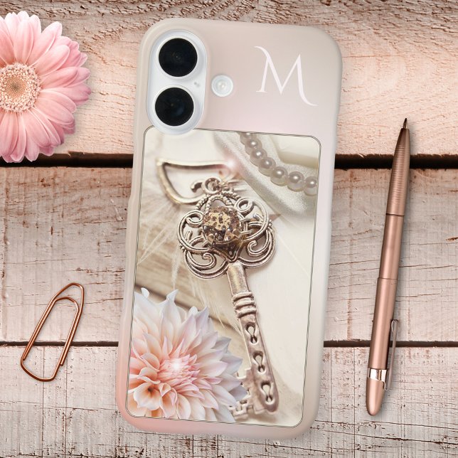 Key To Your Heart Romantic Phone Case (Phone case featuring a romantic design with an elegant vintage key, pearls, flower and monogram)