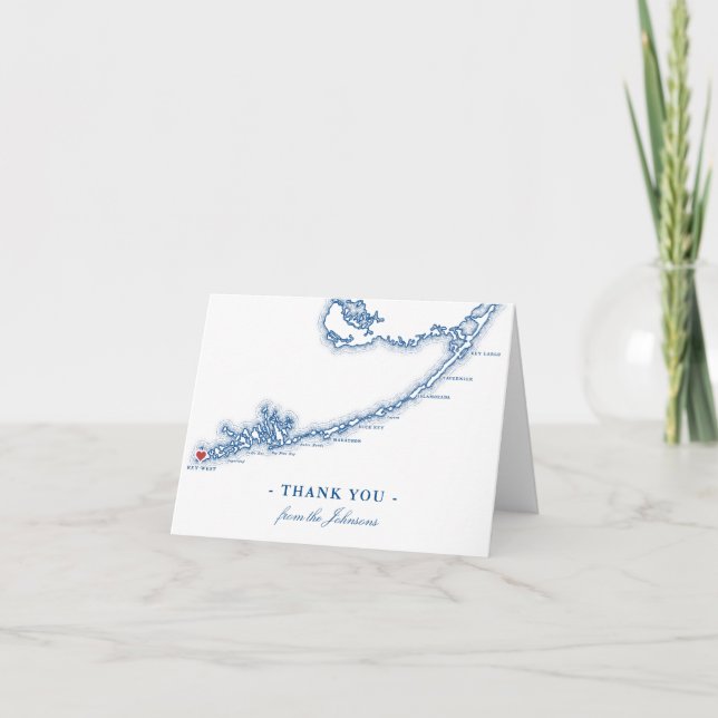 Key West FL Map Elegant Navy Blue Personalised Thank You Card (Front)