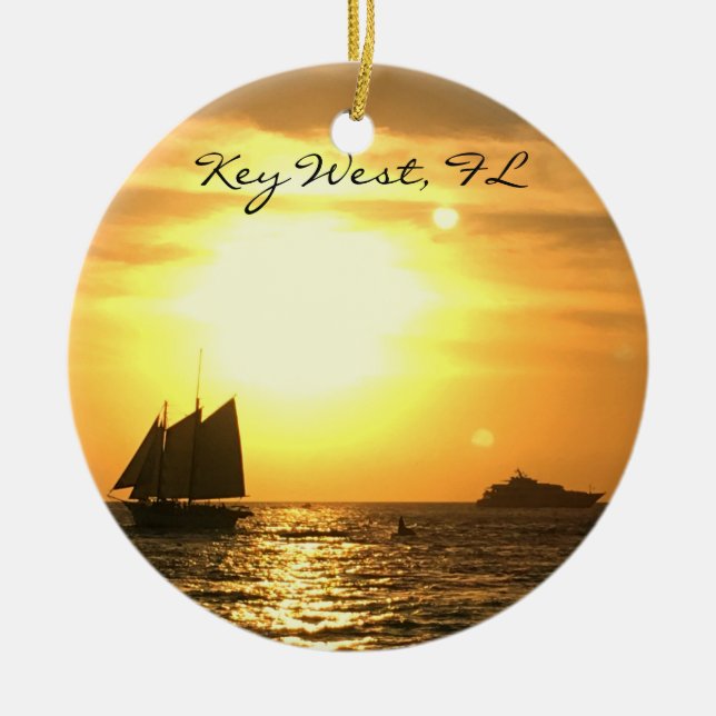 Key West, FL Sailboat Sunset Ceramic Tree Decoration (Front)