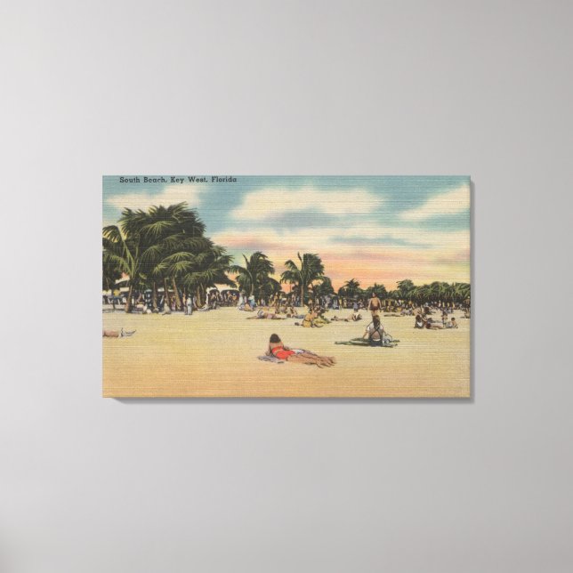 Key West, FL - View of South Beath w/ Sunbathers Canvas Print (Front)