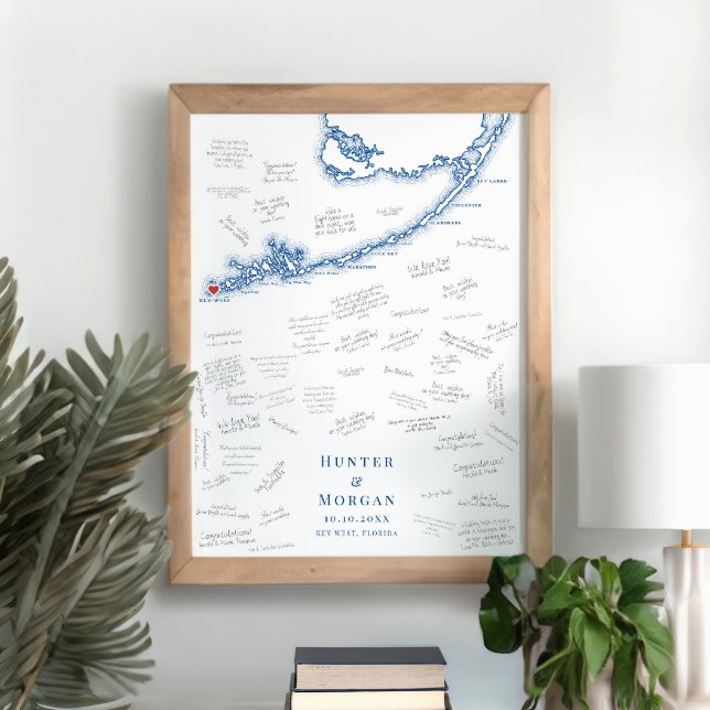 Key West FL Wedding Elegant Navy Guest Book Poster (Key West FL Map Wedding Alternative Guest Book Poster in Elegant Navy Blue from Coastal Map Designs)