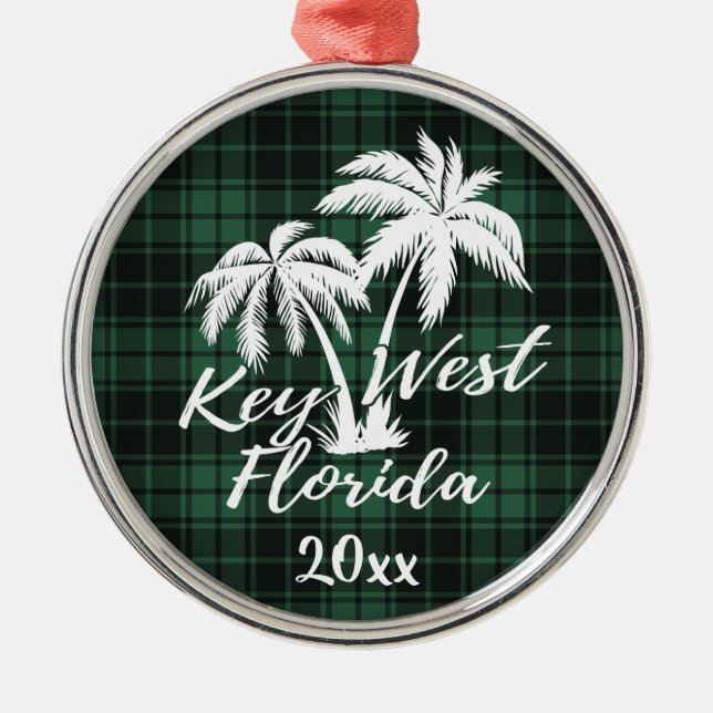 Key West Florida Palm Tree Green Plaid Metal Tree Decoration (Front)