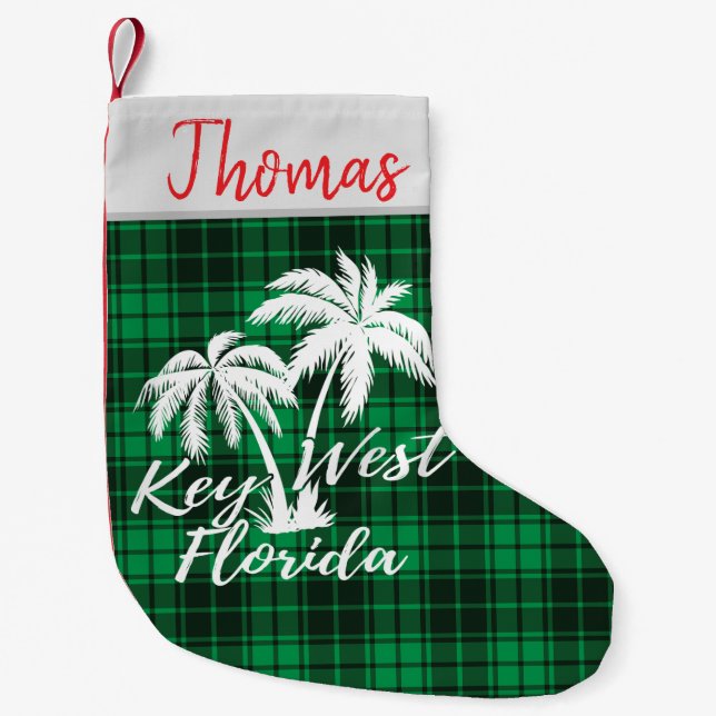 Key West Florida Palm Trees Beach Green Plaid Small Christmas Stocking (Front)