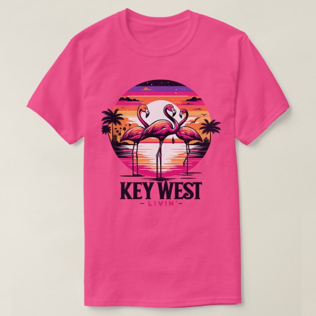 Key West Livin Tropical Flamingo Night Scene In Ke T-Shirt (Design Front)