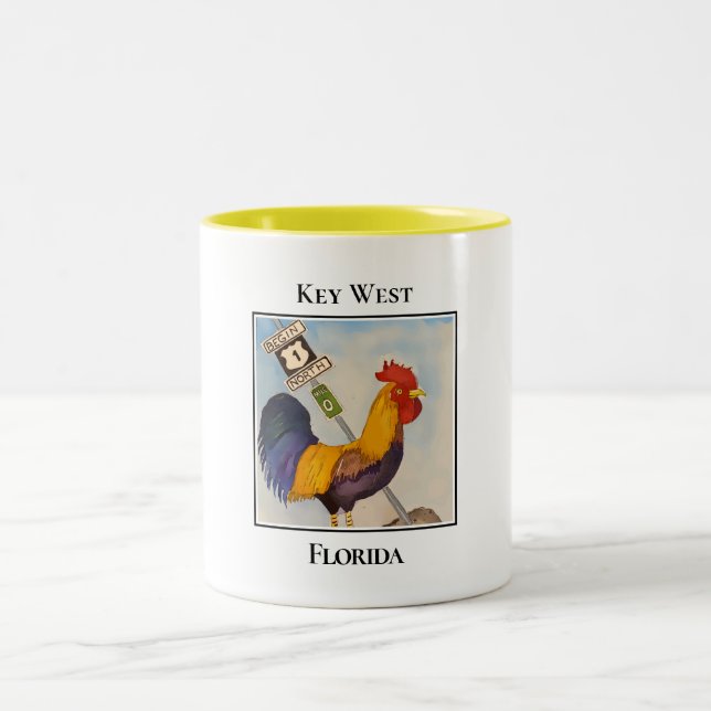 Key West, Mile Marker 0, Rooster, Florida Two-Tone Coffee Mug (Center)