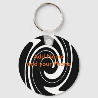 Keychain Black White Swirl Add Name and your Phone