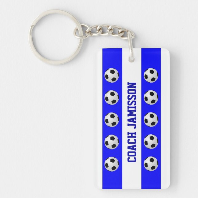 Keychain, Blue & White, for Soccer Coach, Player Key Ring (Front)