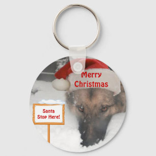 Keychain German Shepherd Santa Stop Here