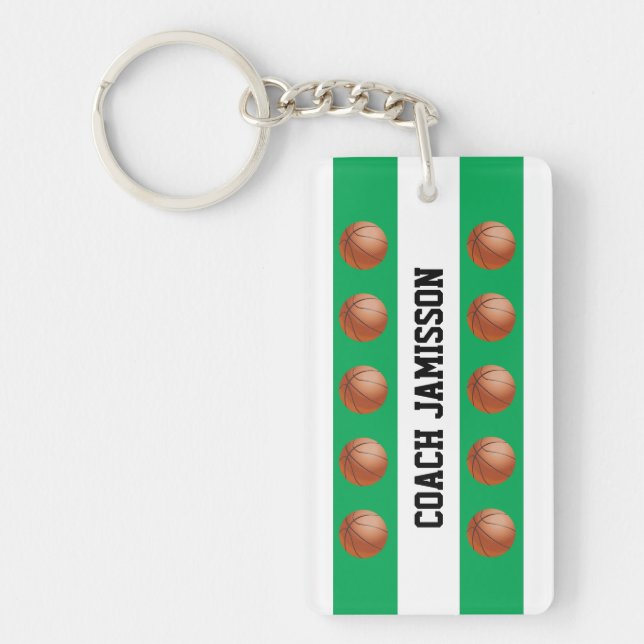 Keychain, Green/White for Basketball Coach, Player Key Ring (Front)