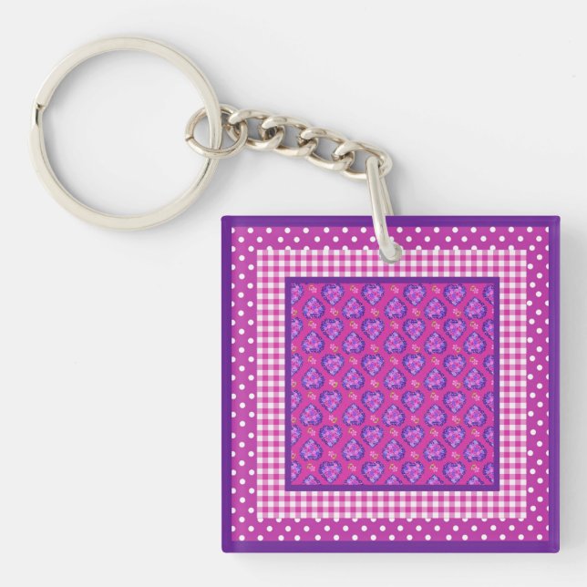 Keychain, Hearts, Flowers, Checks, Polka Dots Key Ring (Front)