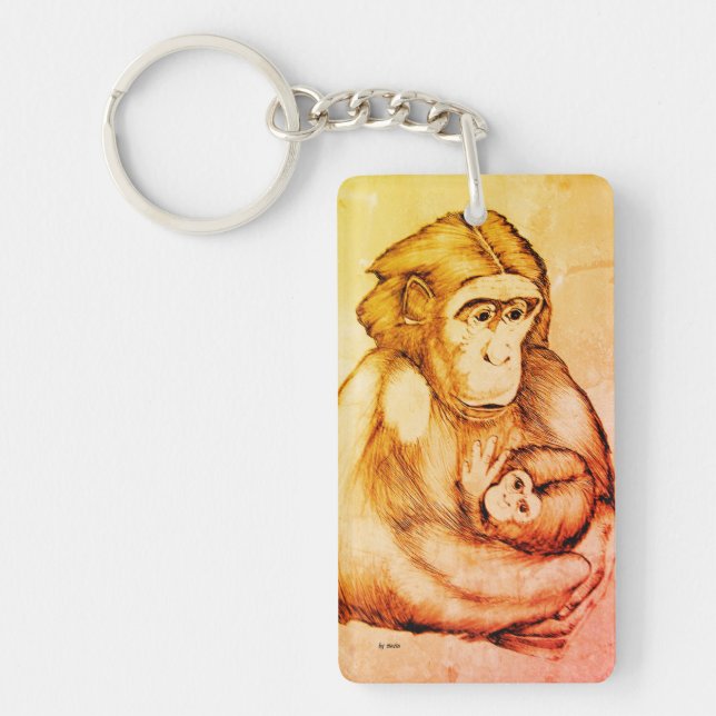 Keychain: monkey with baby (black pen design) key ring (Front)