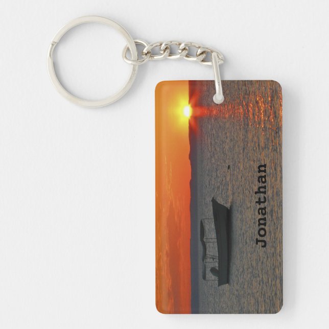 Keychain, Rectangular Double Sided Fishing Boat Key Ring (Front)