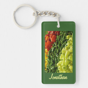 Keychain, Rectangular Hot Peppers Green Background Key Ring