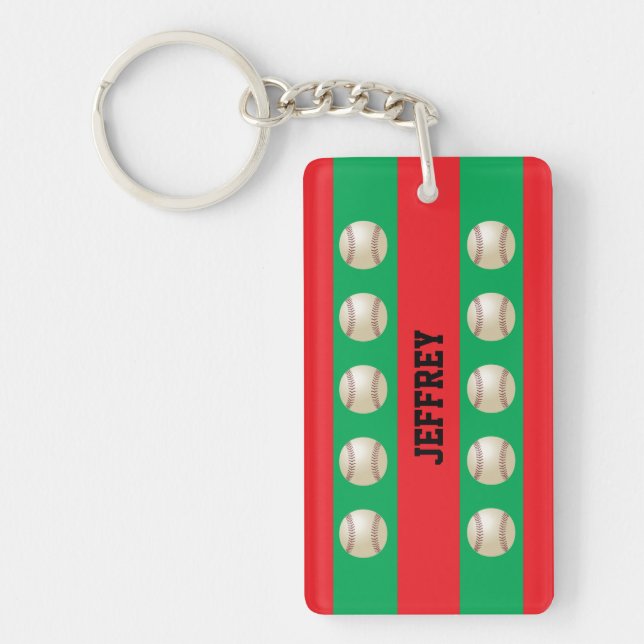 Keychain, Red & Green, Baseball Christmas, Xmas Key Ring (Front)