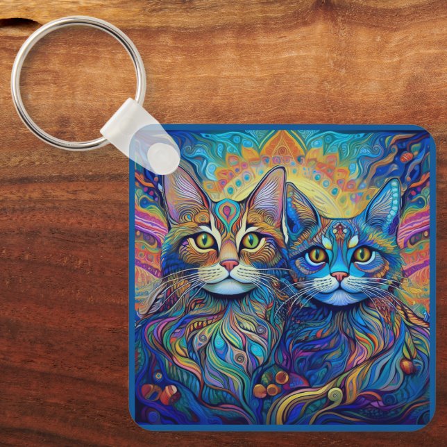 KEYCHAIN - Retro Psychedelic Cats (Front)