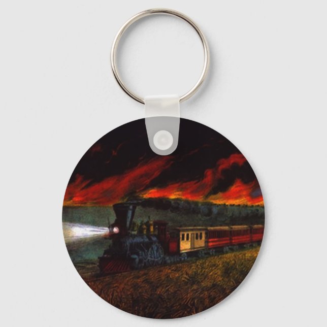 KEYCHAIN Vintage Night Train Engine Railroad Cars (Front)