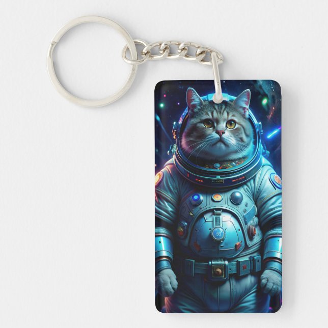 Keychain with an astronaut cat in space (Front)