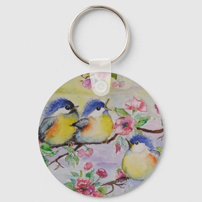 Keychain with Cute Sparrows - Painting (Front)