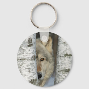 Keychain with photo of grey wolf in birch trees