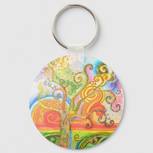 Keyring or Keychain with Psychedelic Tree Design (Front)