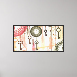 Keys Clocks and Feathers Framed Canvas Print