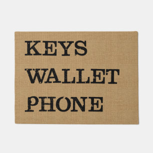 KEYS WALLET PHONE Black on Burlap Effect Doormat