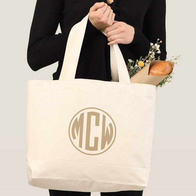 Khaki 3 Initial Circle Monogram Font DIY BG Large Tote Bag (Creator Uploaded)