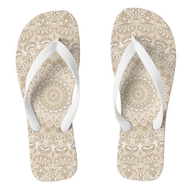 Khaki and White Ornamental Mandala Pattern Jandals (Footbed)