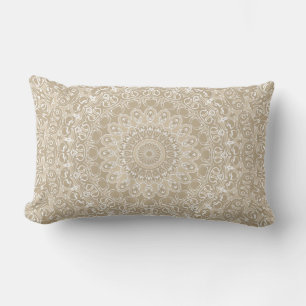 Khaki and White Ornamental Mandala Pattern Lumbar Cushion